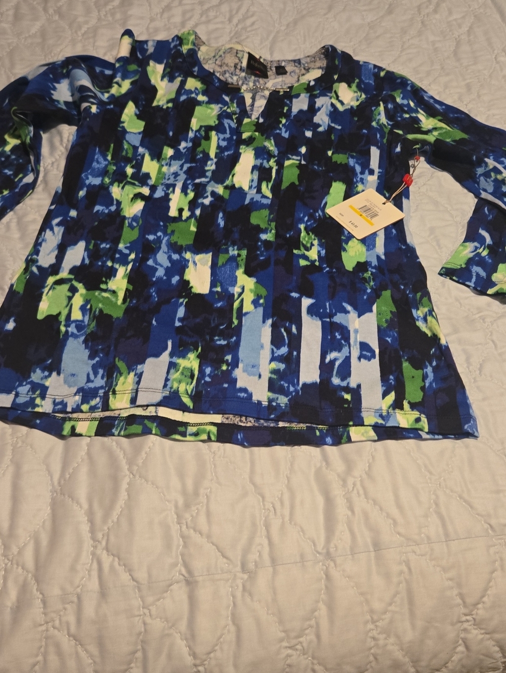 Rafaella Abstract Brushstroke Long-Sleeve Top in Blue & Green
